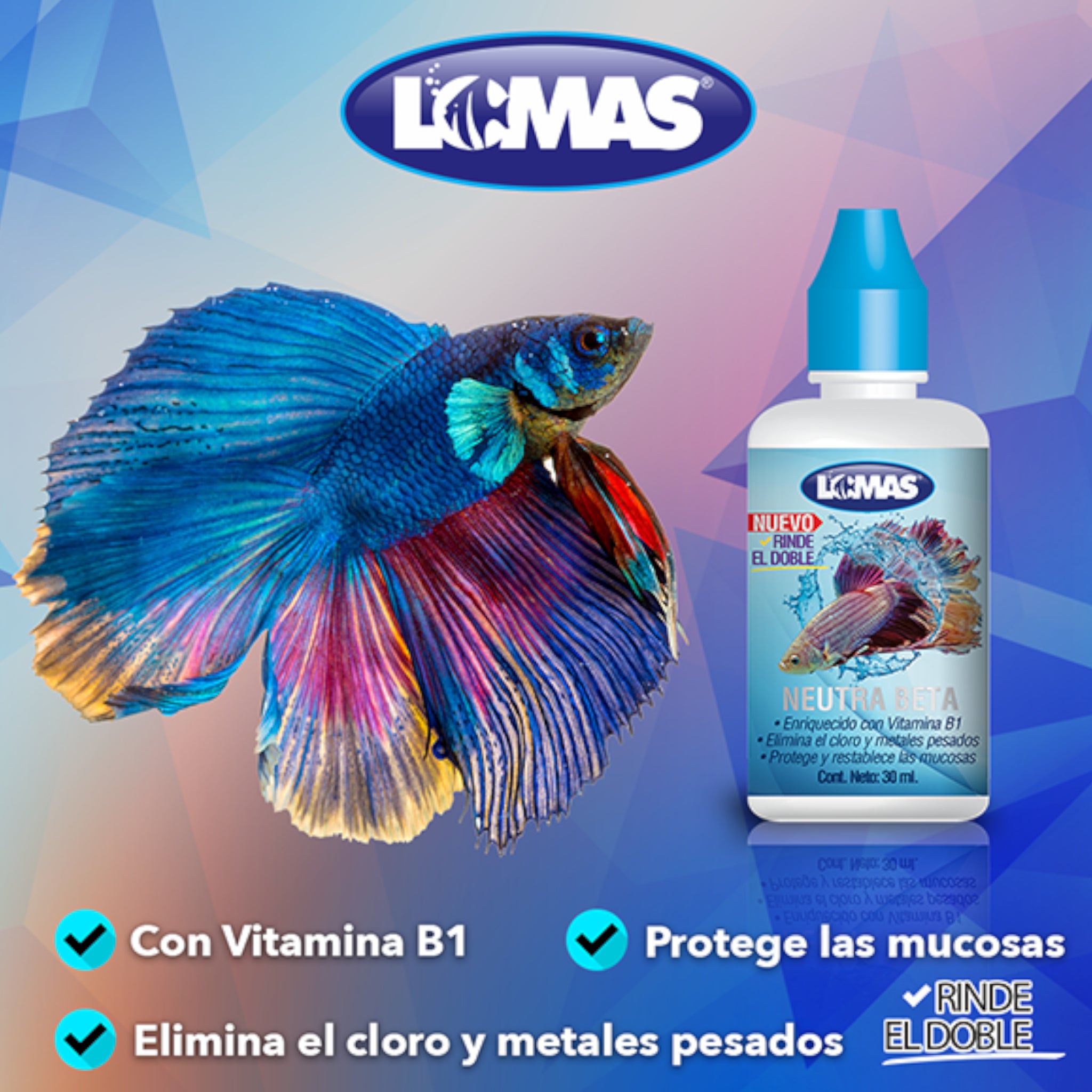 Infografía de Neutra Beta mostrando un pez Betta y resaltando los beneficios de protección de mucosas y eliminación de sustancias tóxicas.