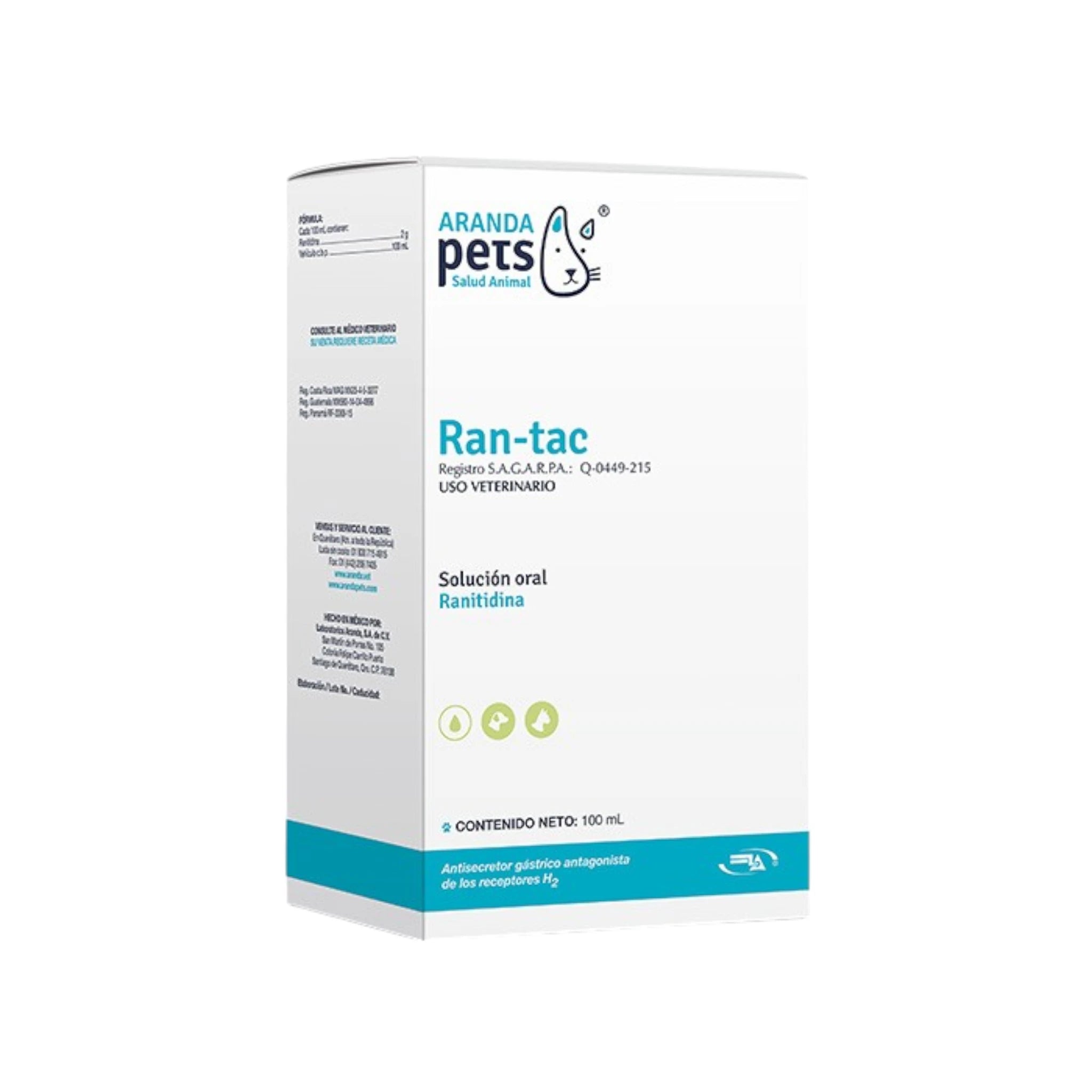 Caja del producto Ran-tac Solución Oral de 100 ml, tratamiento veterinario con ranitidina para úlceras gástricas y gastritis en perros y gatos