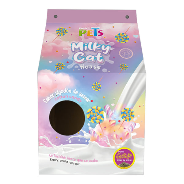 Rascador de cartón rosa para gatos estilo envase de leche visto de frente