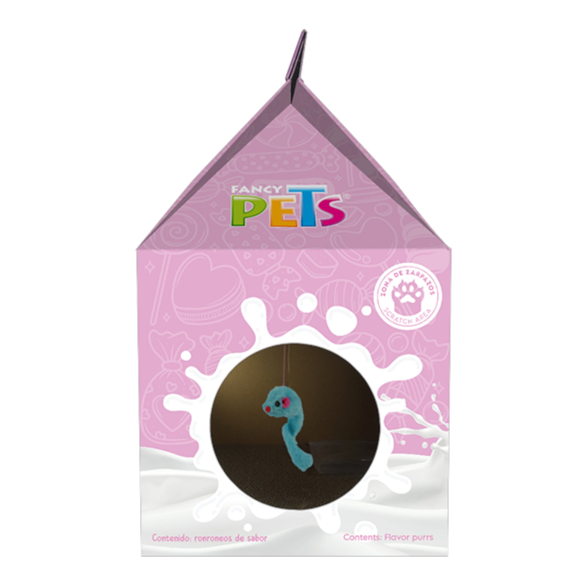 Vista interior del rascador de cartón rosa con juguete colgante para gatos