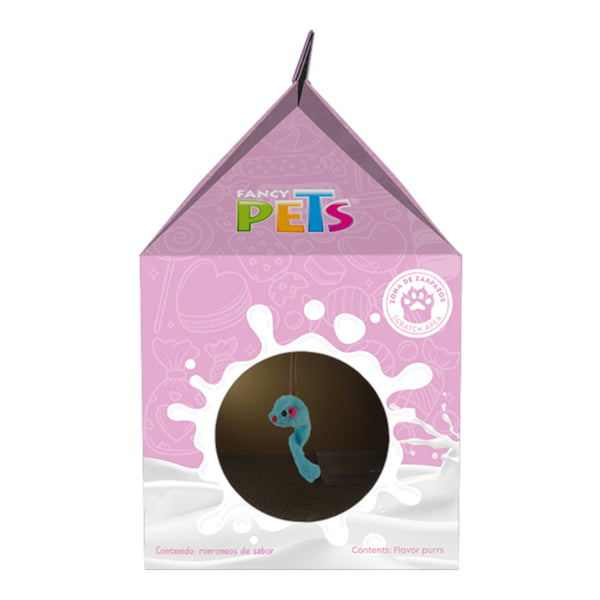 Vista interior del rascador de cartón rosa con juguete colgante para gatos