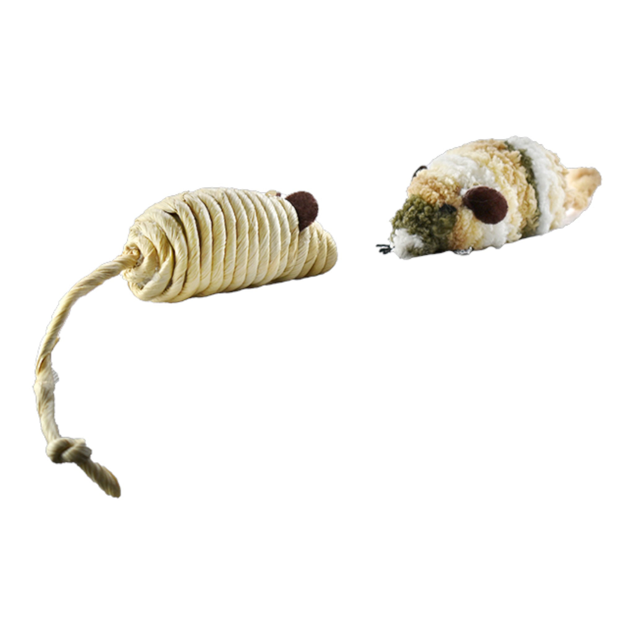 Dos ratoncitos de cuerda y fieltro con colas naturales para juego felino.