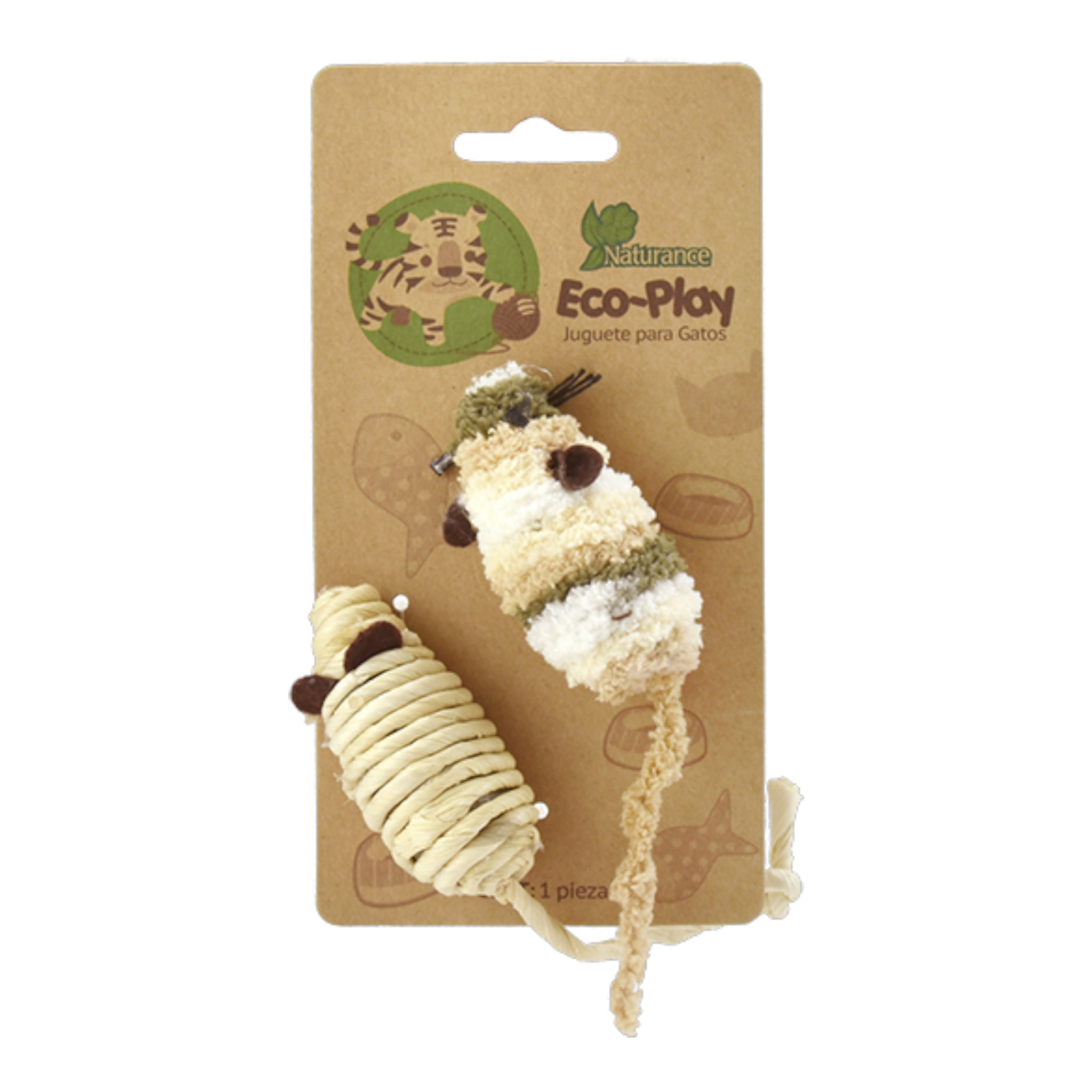 Juguetes tipo ratón de cuerda y tela natural para gatos en empaque de dos piezas