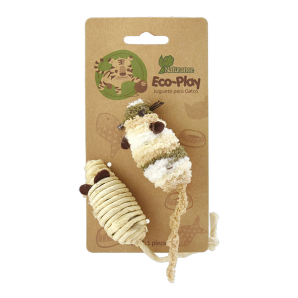 Juguetes tipo ratón de cuerda y tela natural para gatos en empaque de dos piezas