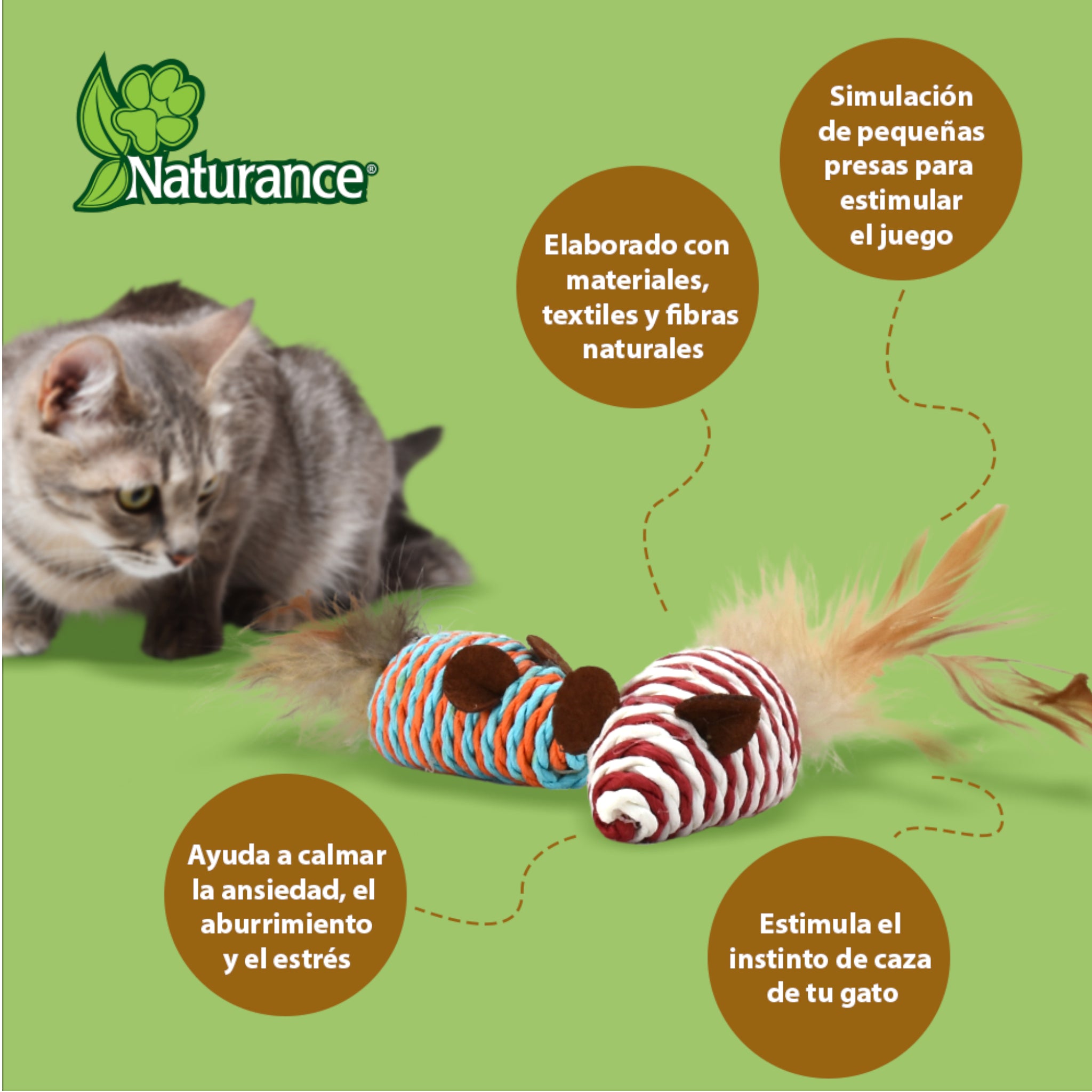 Ratones de mecate con plumas mostrando beneficios de juego, estímulo y materiales naturales.