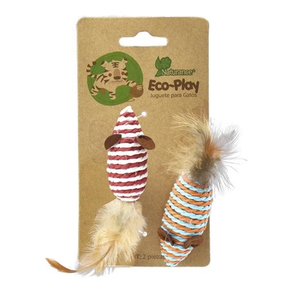 Ratones de mecate con plumas para gatos en su empaque ecológico