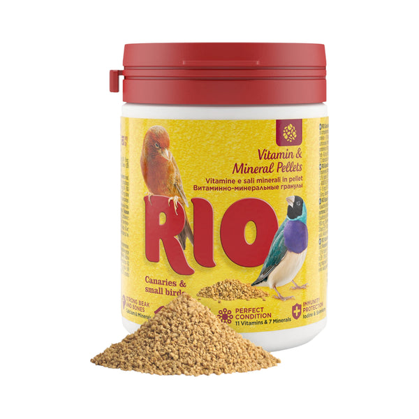 Envase RIO pellets de vitaminas y minerales para canarios y aves pequeñas, suplemento con 11 vitaminas y 7 minerales que fortalece salud y plumaje.