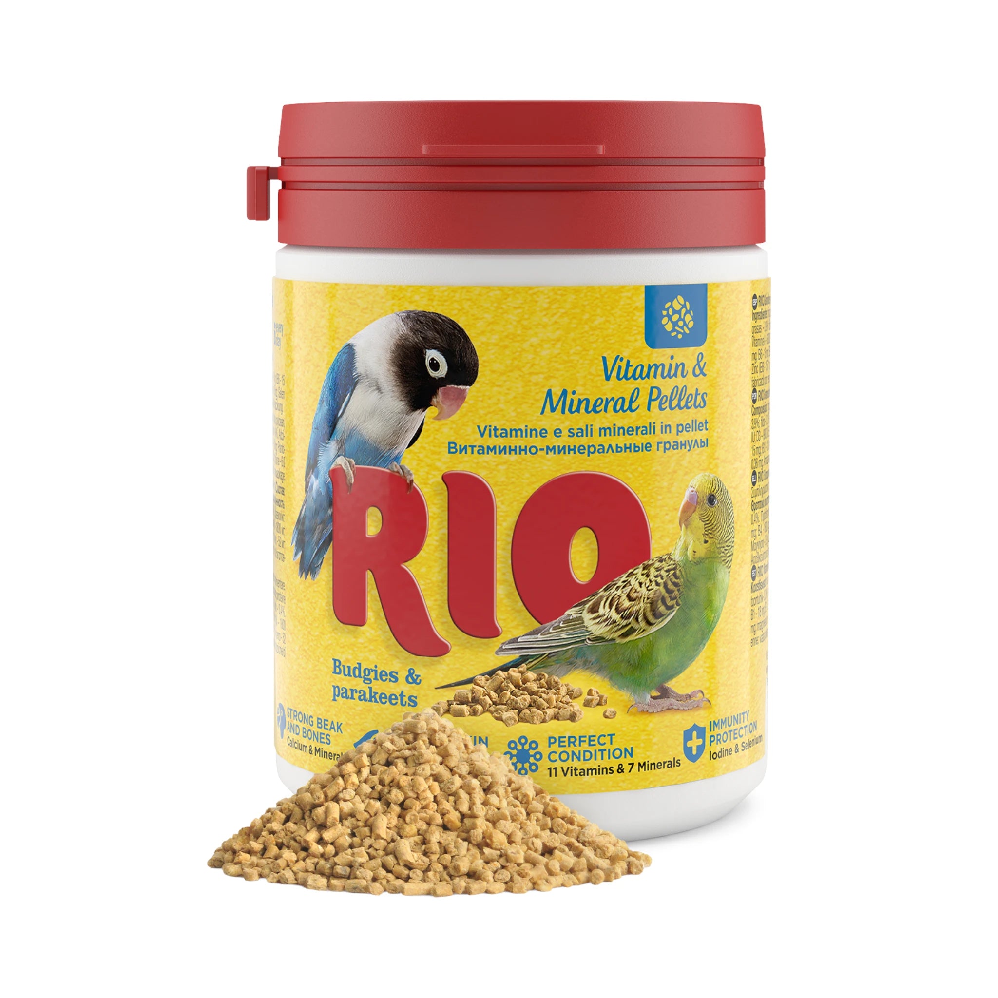Envase RIO pellets de vitaminas y minerales para periquitos y periquitos australianos, suplemento con 11 vitaminas y 7 minerales que mejora salud y plumaje.