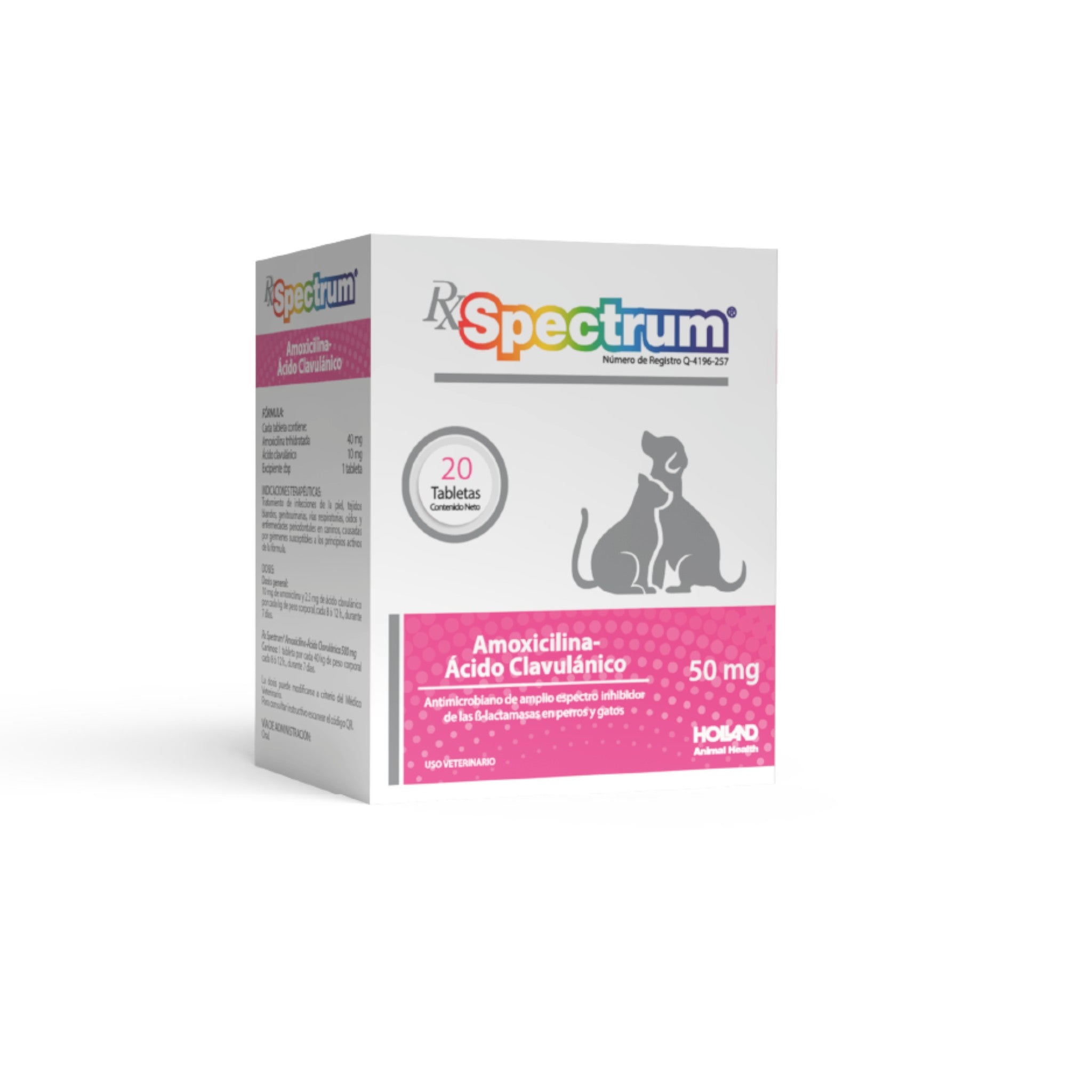Caja de Rx Spectrum 50mg con 20 tabletas, antibiótico oral para perros y gatos con amoxicilina y ácido clavulánico
