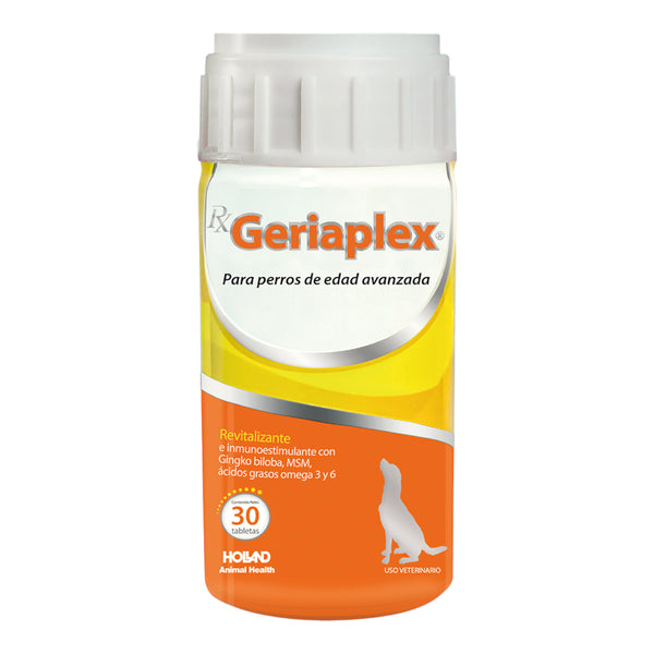 Frasco de Rx Geriaplex para perros senior, multivitamínico con omega 3 y 6 y MSM para apoyar movilidad y energía.