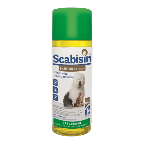 Envase de Scabisin Shampoo de 250 ml, shampoo insecticida y acaricida con permetrina para el control de pulgas y garrapatas en mascotas.