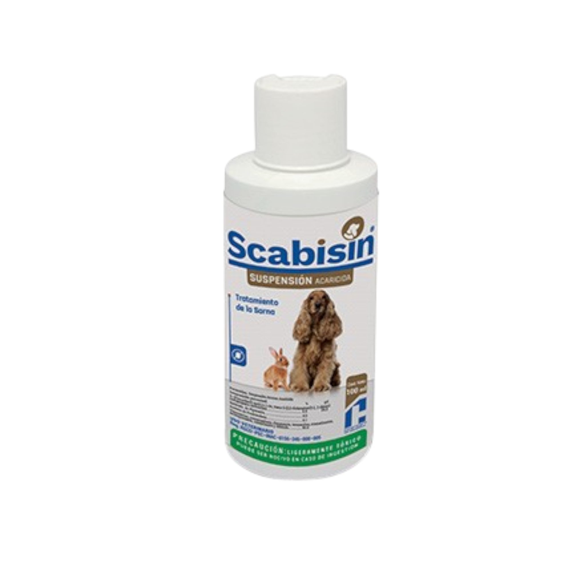 Frasco de Scabisin suspensión de 100 ml, tratamiento tópico para la sarna en perros, gatos y conejos, con fenoxifenil y prednisolona
