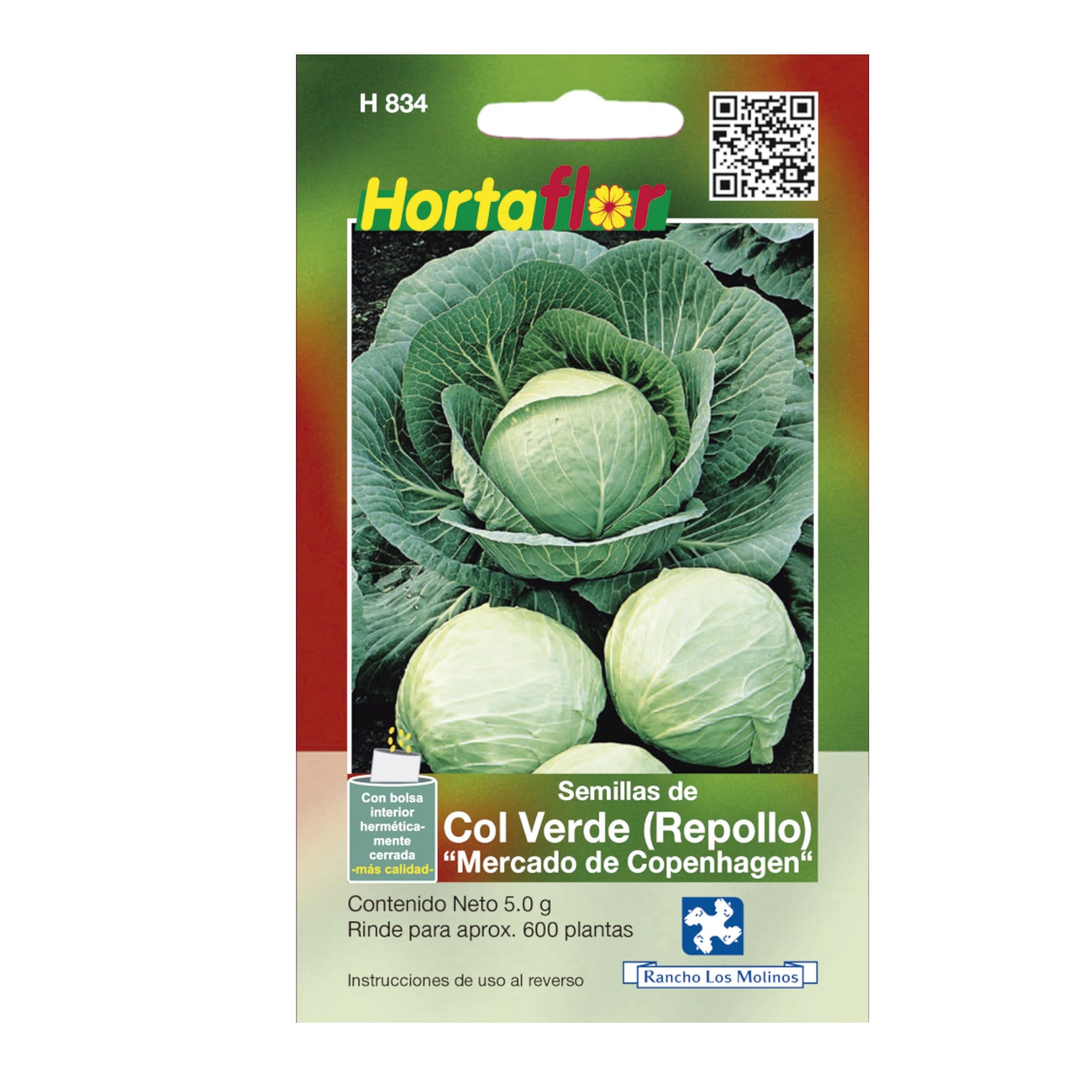 Sobre de semillas de col verde variedad repollo, ideal para huertos caseros