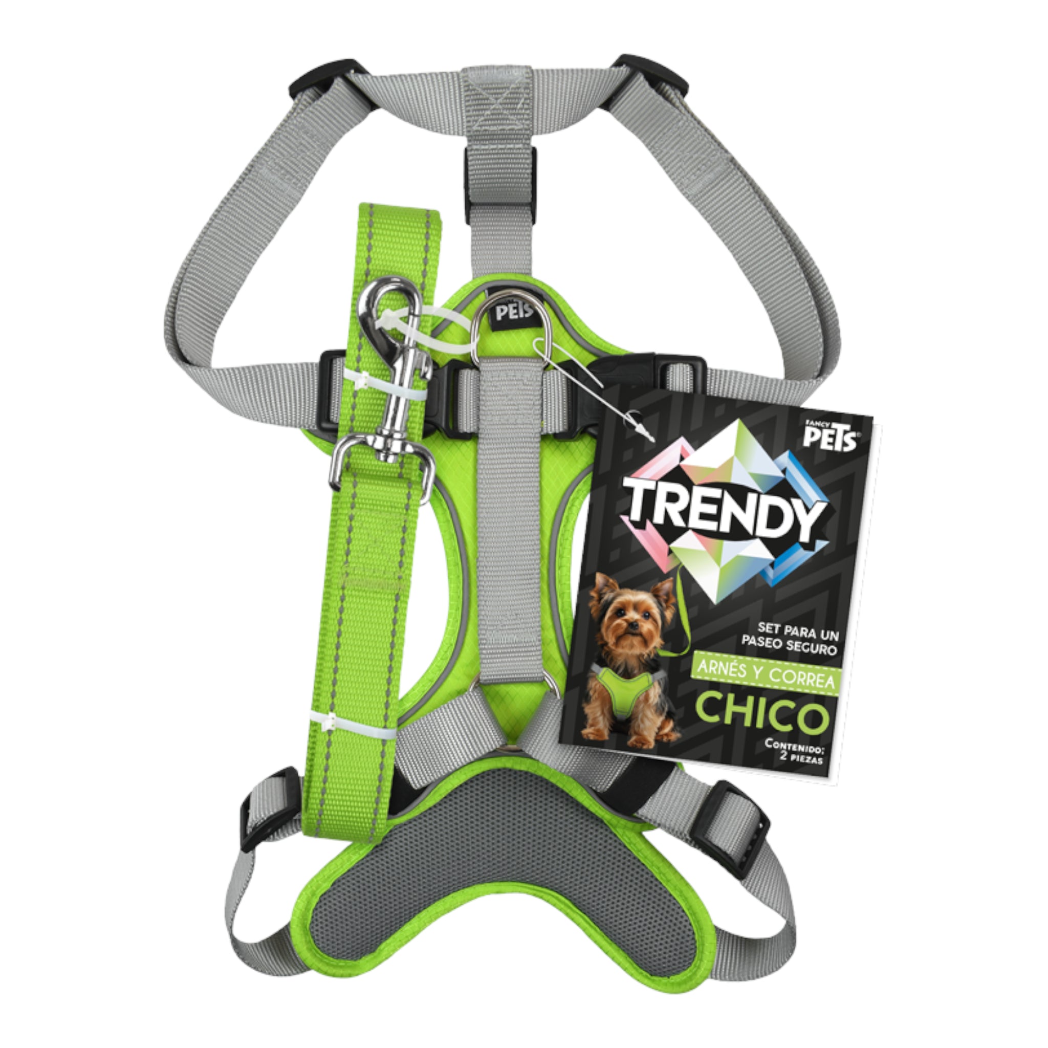 Set completo de paseo Trendy de Fancy Pets en color verde limón, incluyendo arnés ergonómico de malla y correa resistente a juego.