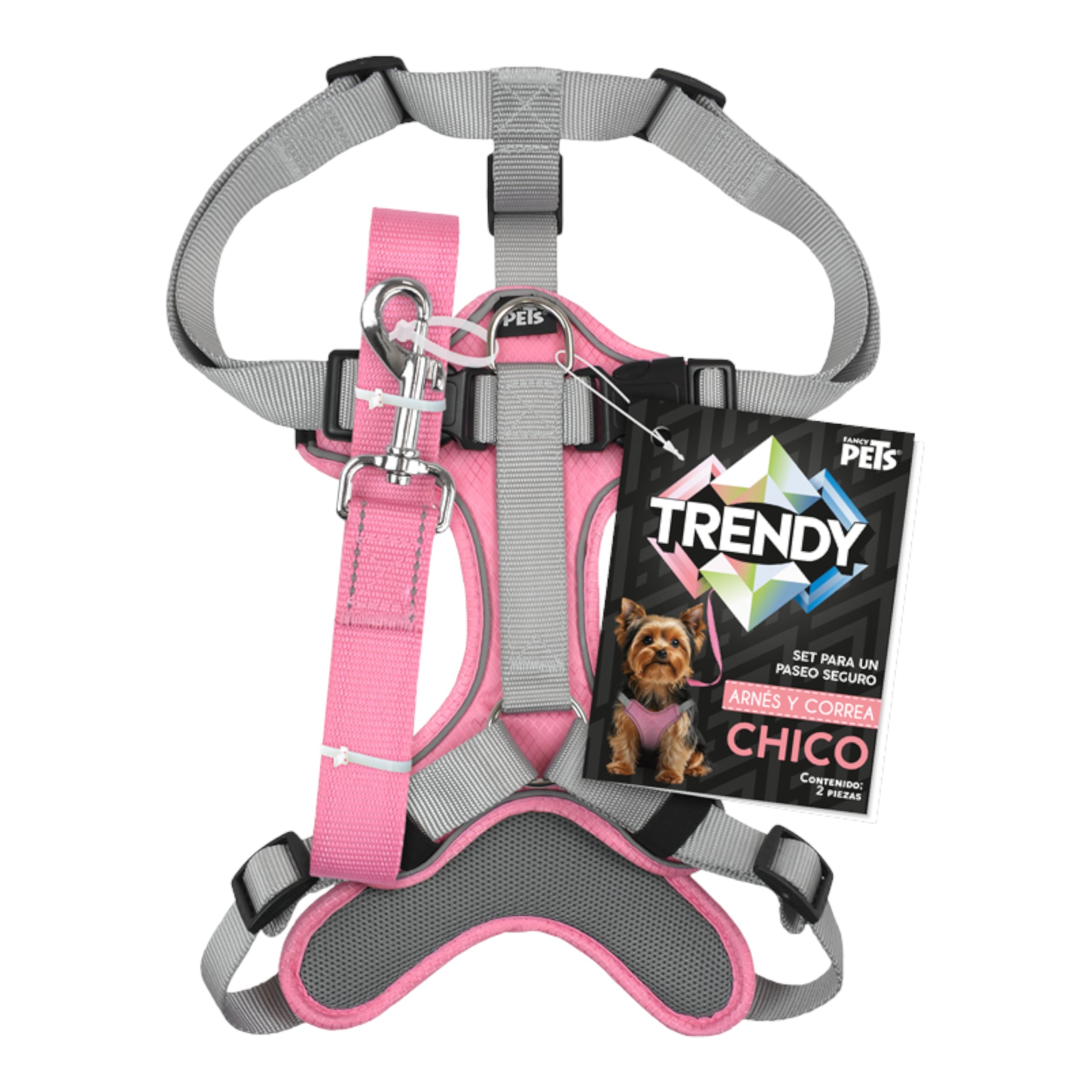 Set de paseo para perro Fancy Pets color rosa vibrante que incluye arnés ergonómico de malla y correa resistente con detalles reflectantes.