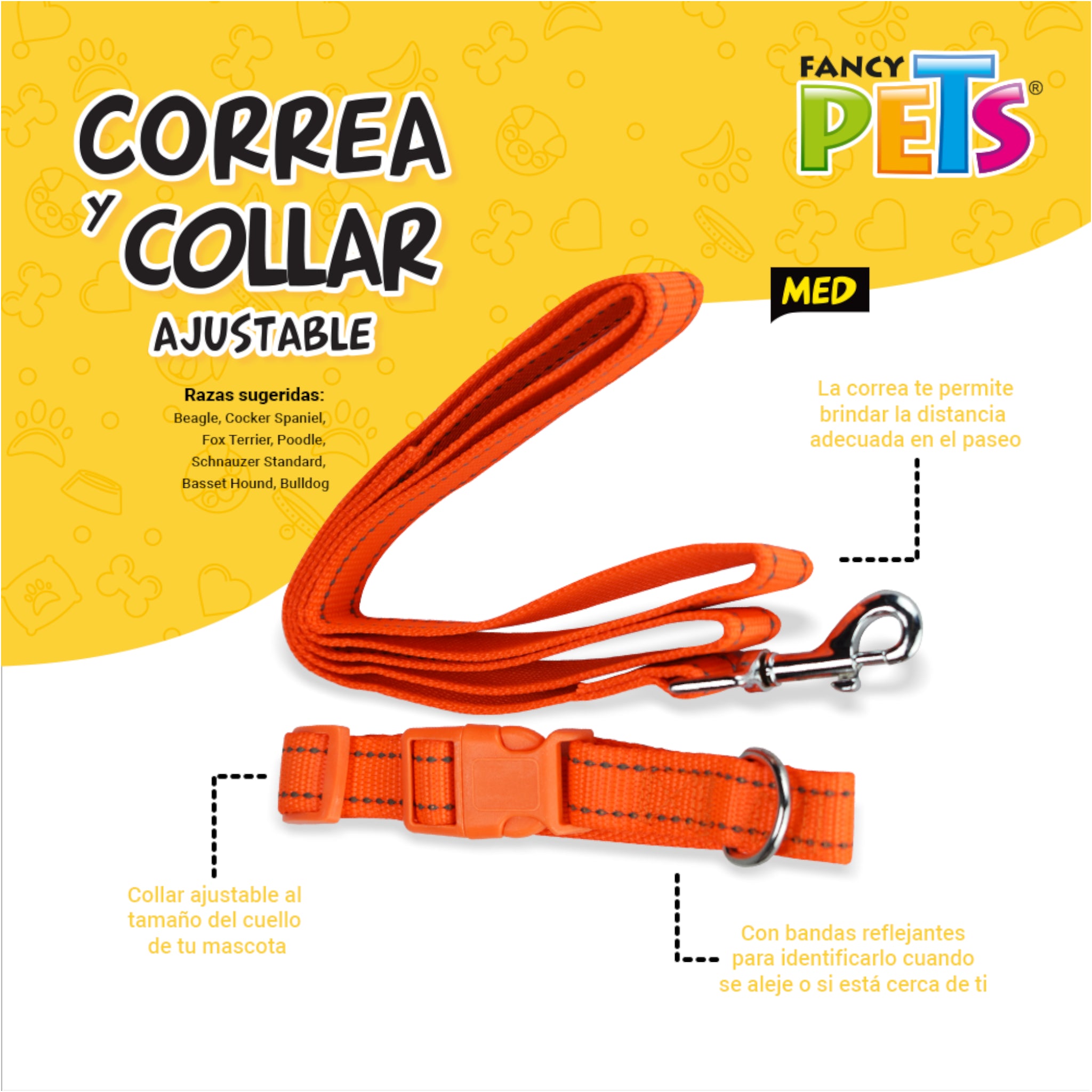 infografía del conjunto naranja de collar y correa Fancy Pets resaltando las bandas reflejantes, el ajuste al cuello y la distancia adecuada para el paseo.