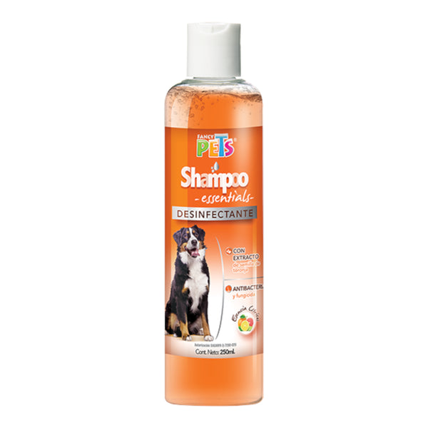 Botella de Shampoo Essentials Desinfectante de Fancy Pets con extracto de semilla de toronja, fórmula antibacterial y fungicida para el cuidado del pelo del perro.