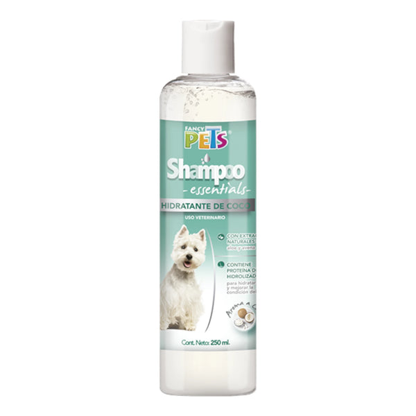 Botella de Shampoo Essentials Hidratante de Coco para perros, 250 ml. Fórmula con aloe vera, avena y proteína de trigo para hidratar y dejar el pelaje suave y brillante.