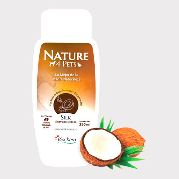 Shampoo Silk con aceite de coco y miel Biochem, con ceramidas y proteína de seda, color lila aperlado, ideal para perros y gatos de pelo largo