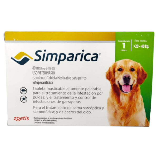 Caja de Simparica 20–40 kg para perros, tableta masticable contra pulgas y garrapatas.