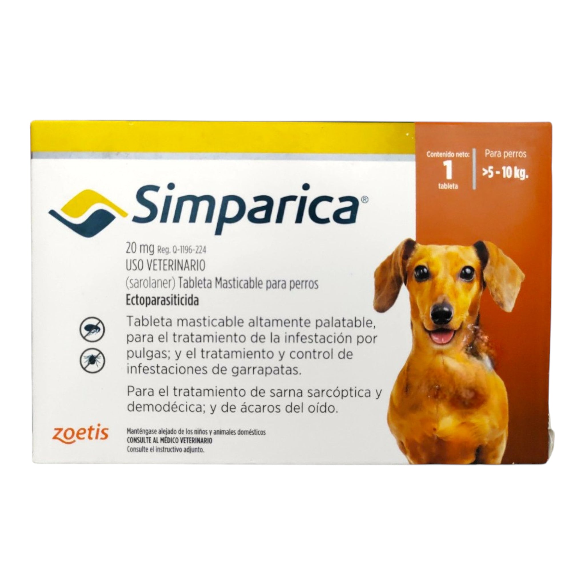 Caja de Simparica 5–10 kg para perros, tableta masticable contra pulgas y garrapatas.