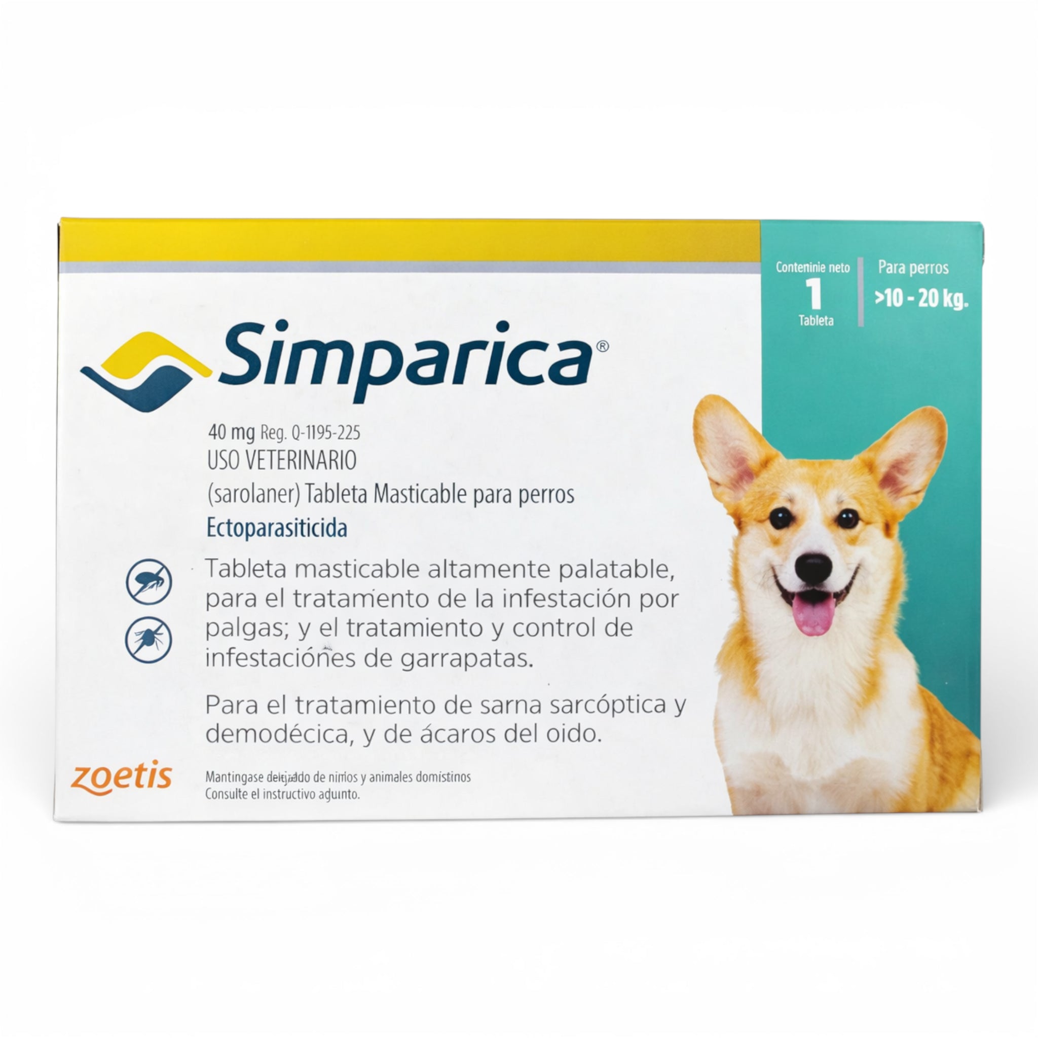 Caja de Simparica para perros de 10 a 20 kg, tratamiento oral de 40 mg de sarolaner contra ácaros y pulgas.