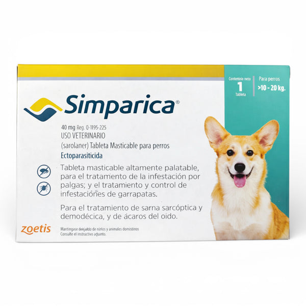 Caja de Simparica para perros de 10 a 20 kg, tratamiento oral de 40 mg de sarolaner contra ácaros y pulgas.