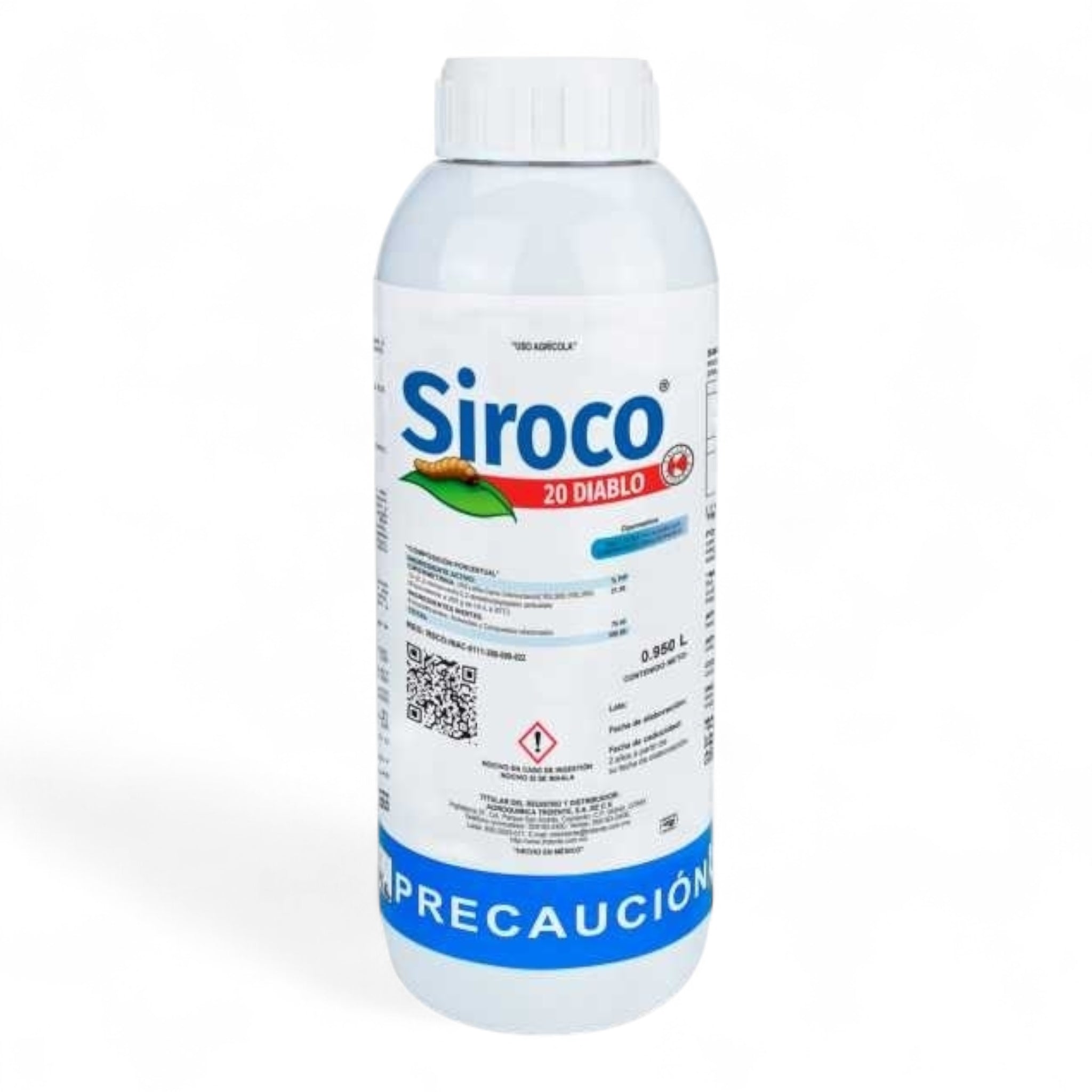 Envase de Siroco 20 EC insecticida agrícola con cipermetrina para control de plagas como gusano cogollero, araña roja y chinche verde en cultivos de frijol, maíz y soya.