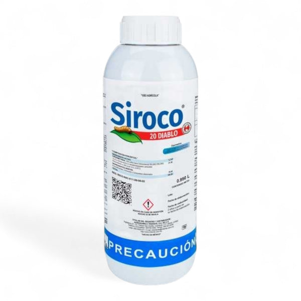 Envase de Siroco 20 EC insecticida agrícola con cipermetrina para control de plagas como gusano cogollero, araña roja y chinche verde en cultivos de frijol, maíz y soya.