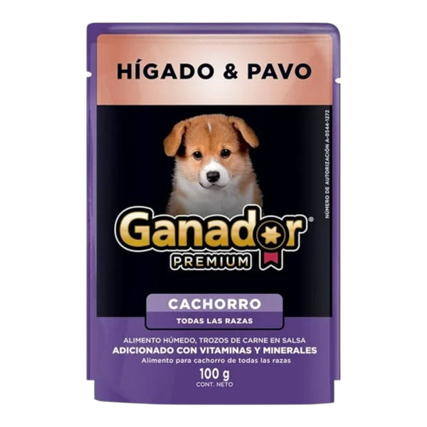 sobre de alimento húmedo para cachorro Ganador Premium sabor hígado y pavo de 100 g