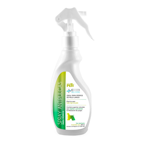 Botella de 250ml de Spray Antipulgas Fancy Pets Medical Solutions con atomizador, elaborado con extractos naturales para repeler pulgas en perros.