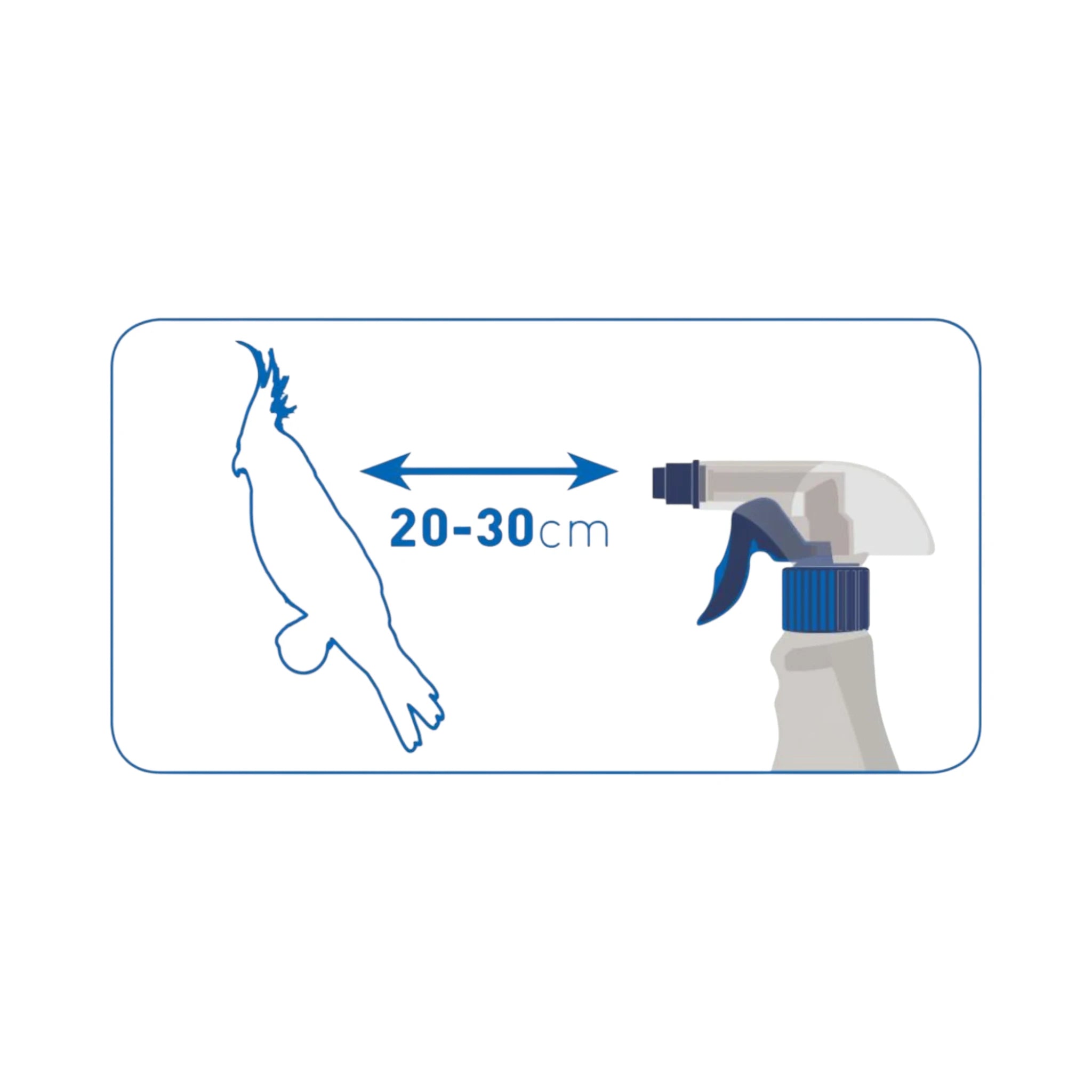 Ilustración de aplicación del Atomizador de Baño Duvoplus sobre un ave, recomendado rociar a 20–30 cm de distancia.