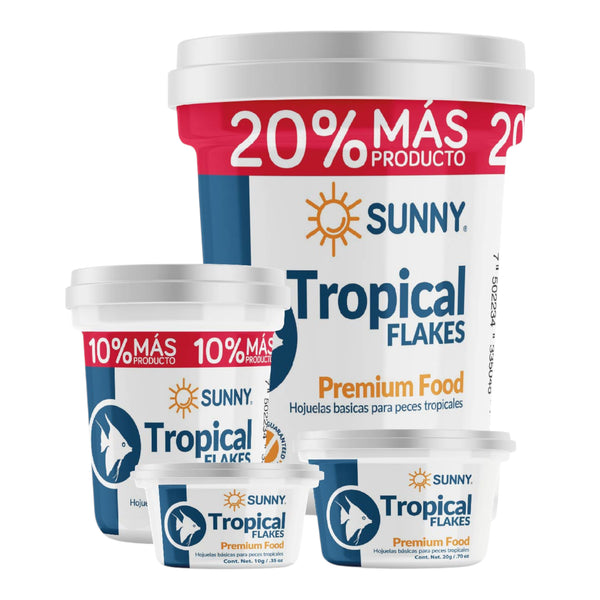 Frascos de Hojuelas Sunny para peces tropicales en presentaciones de 10, 20, 30 y 100 gramos.