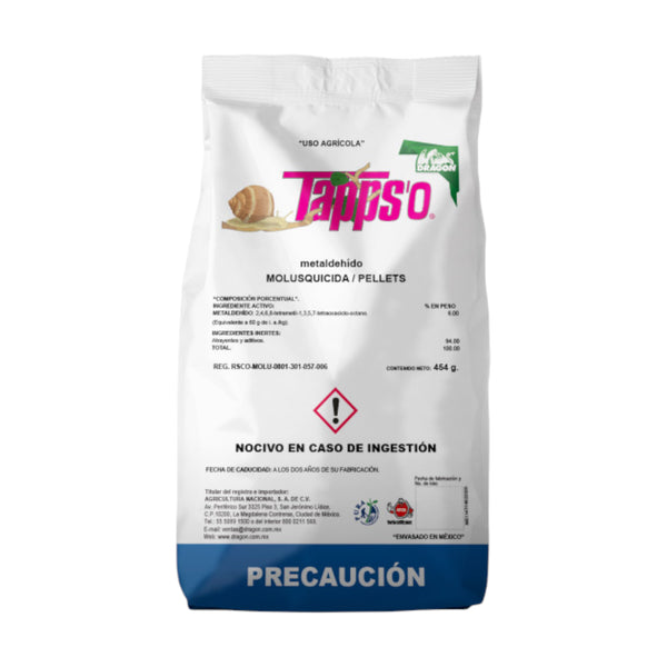 Envase del producto Tappso Molusquicida con metaldehído al 6%, ideal para eliminar babosas y caracoles en cultivos frutales, hortalizas y jardines.
