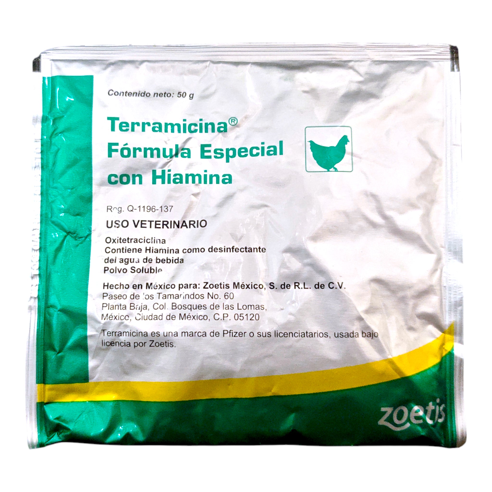 Sobre de Terramicina con hiamina polvo soluble para aves, indicado para salud digestiva y respiratoria