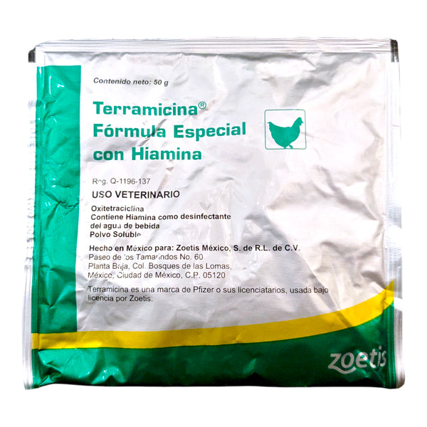 Sobre de Terramicina con hiamina polvo soluble para aves, indicado para salud digestiva y respiratoria