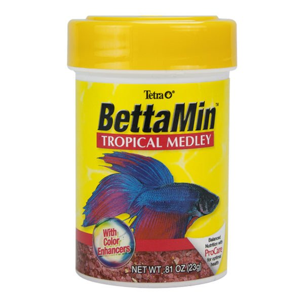 Bote de alimento BettaMin Tropical Medley de Tetra de 23 gramos, destacando que incluye potenciadores de color y nutrición balanceada para peces Betta.