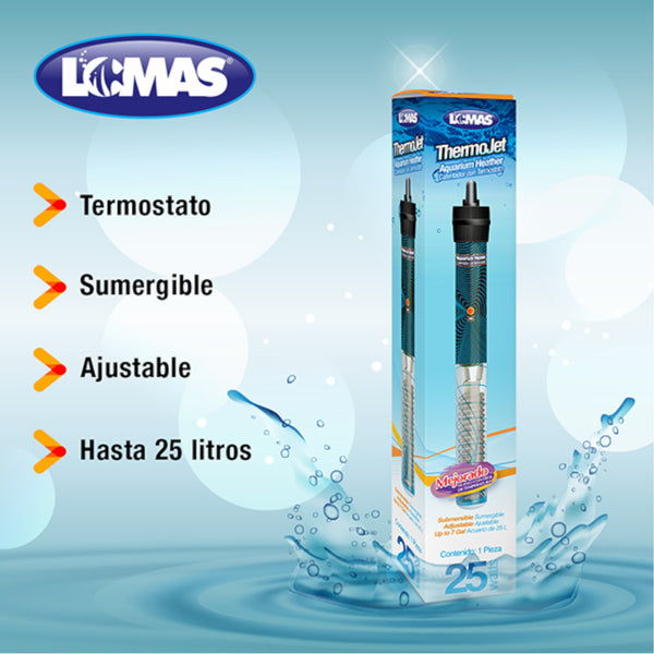 Acuario con peces de colores mostrando el uso del calentador Thermojet Lomas instalado en el cristal