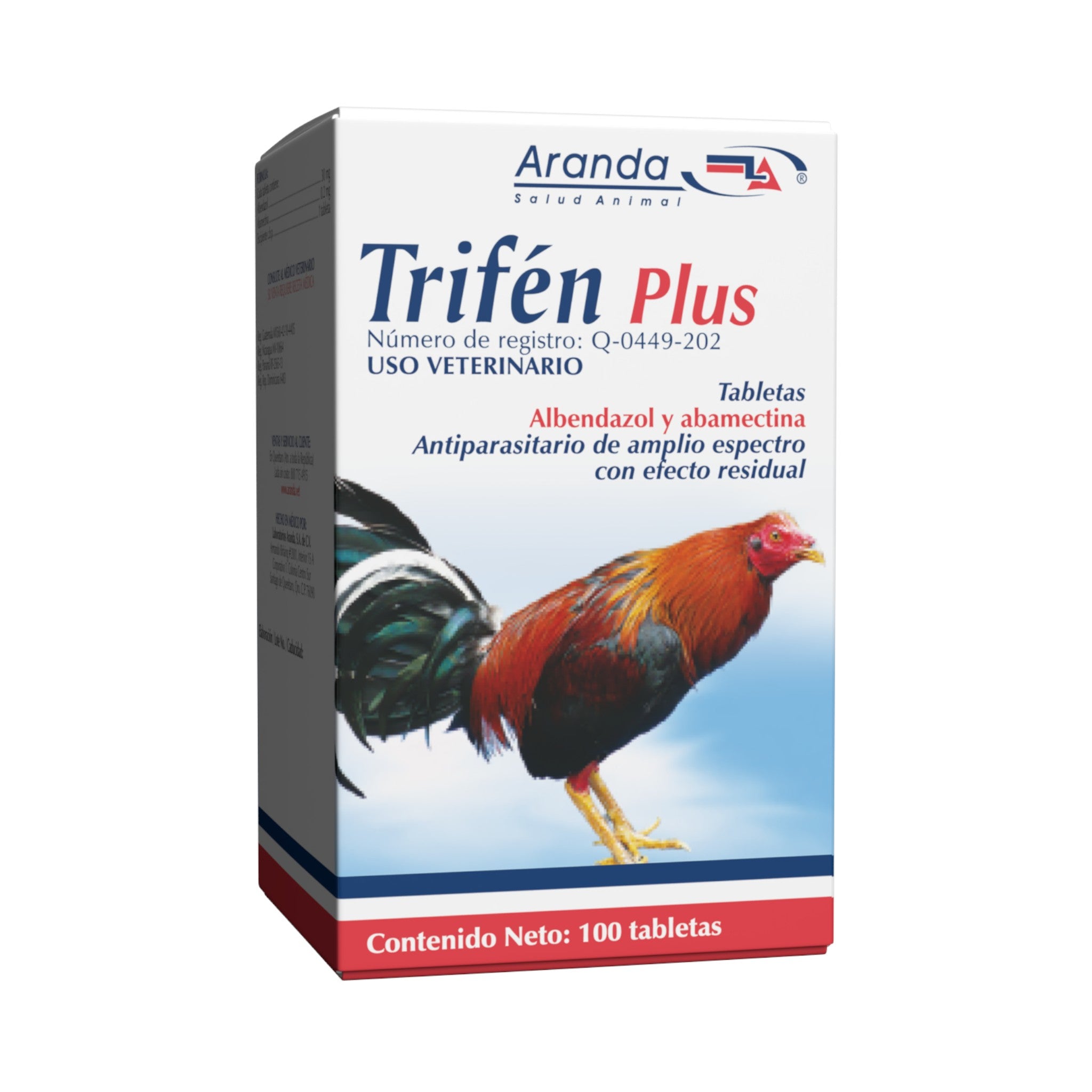Caja de Trifén Plus, desparasitante oral en tabletas para gallos y aves de corral con albendazol y abamectina, presentación de 100 tabletas.