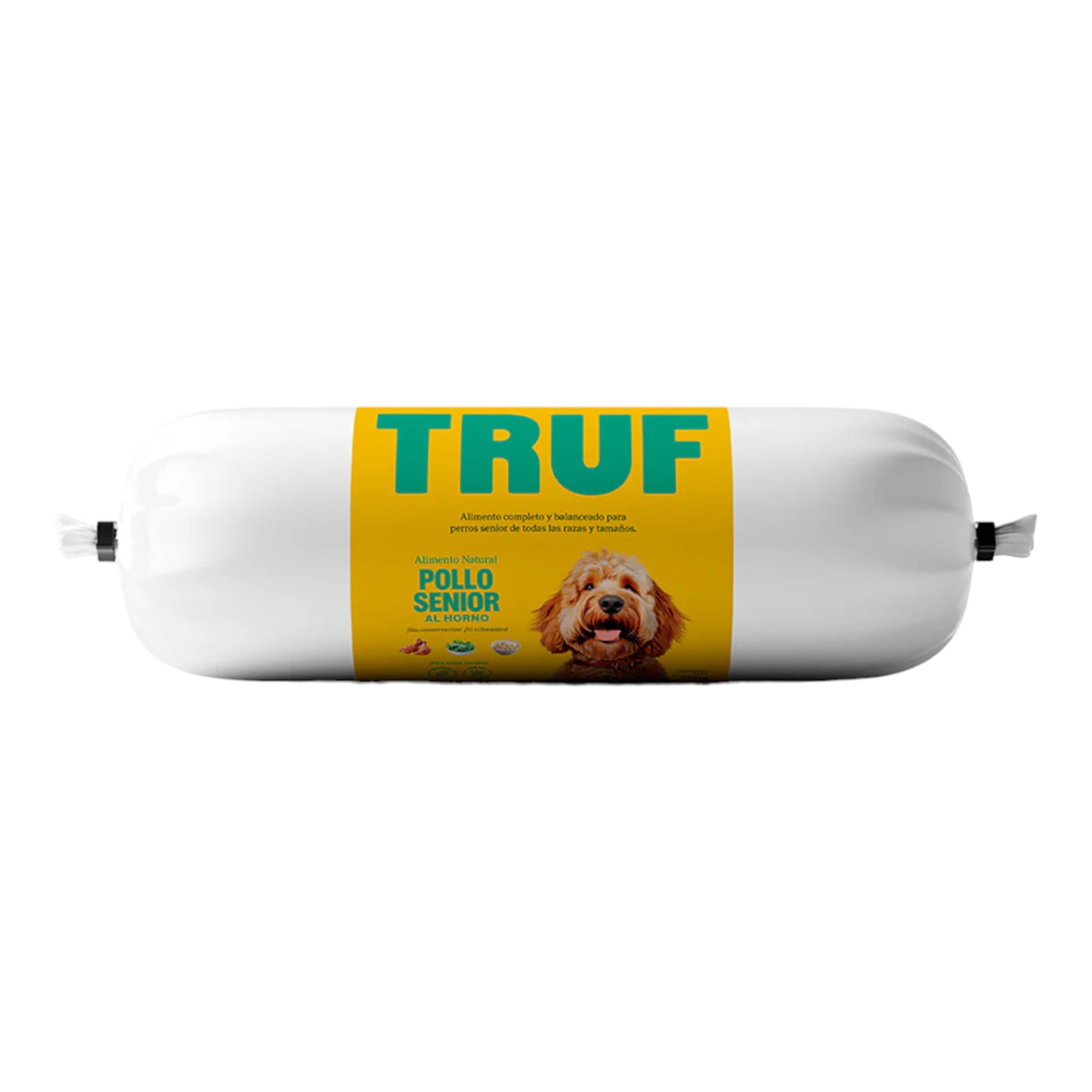 Empaque del alimento horneado de pollo TRUF para perros senior 500g con textura tipo picadillo