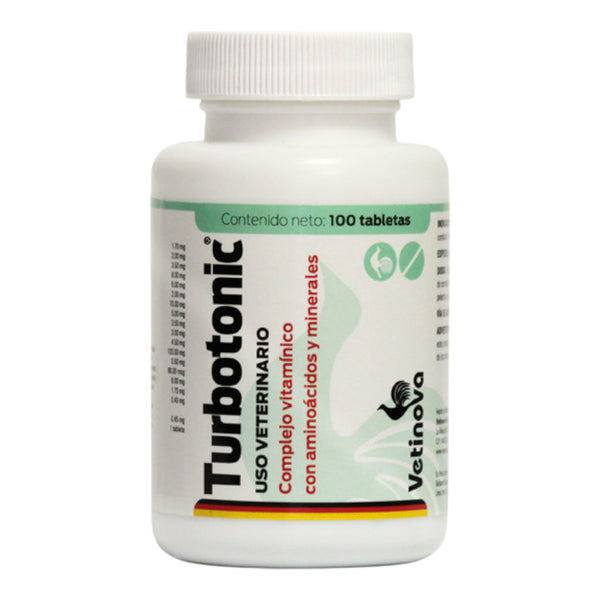 Envase de Turbotonic Tabletas, suplemento con vitaminas y aminoácidos para aves de combate.