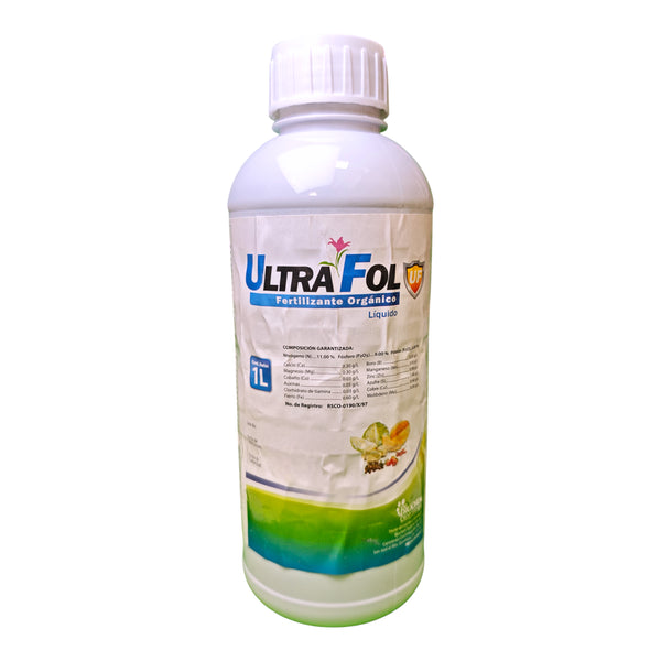 Envase de fertilizante orgánico Ultrafol con nitrógeno, fósforo, potasio y micronutrientes para cultivos de hortalizas y frutales.