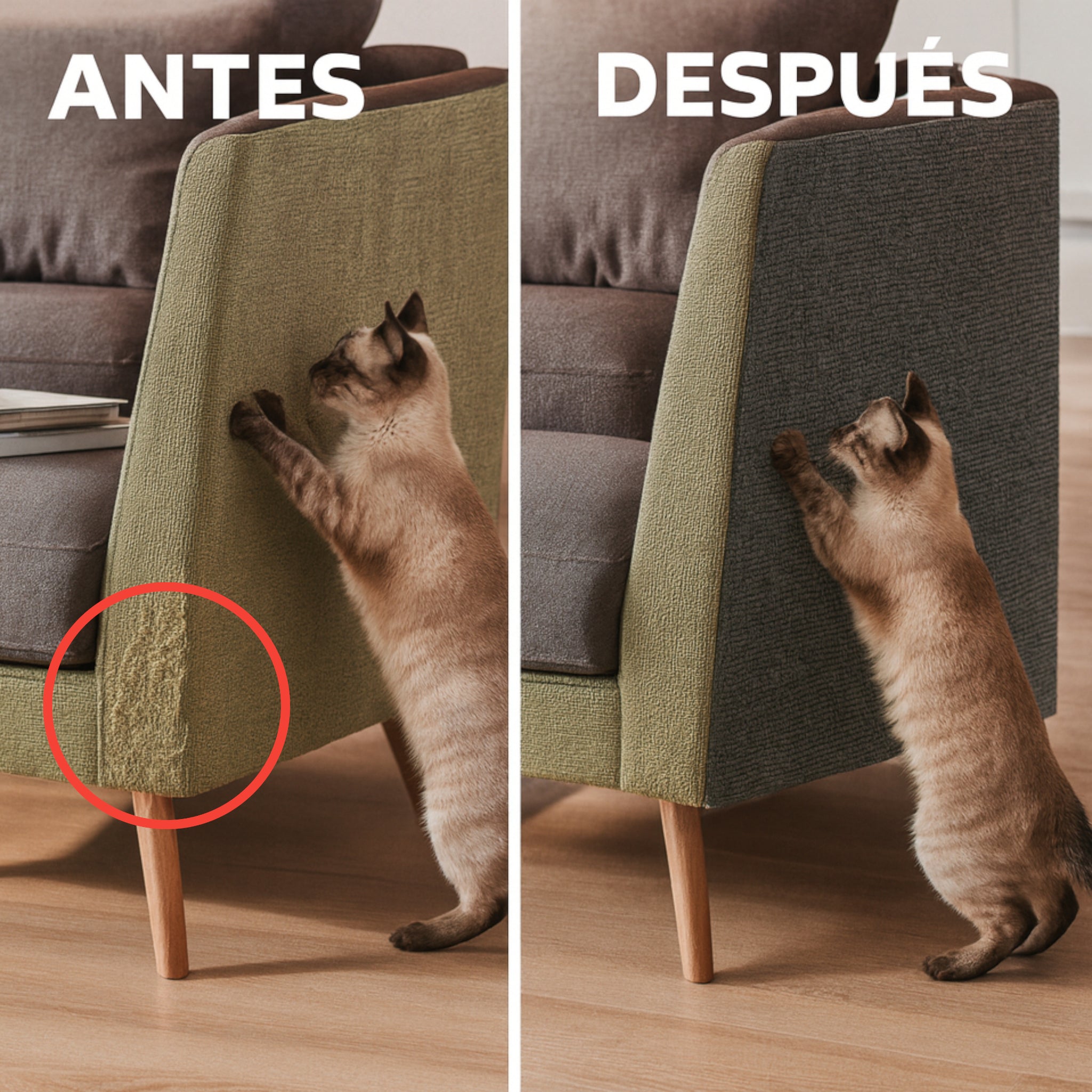 Antes y después del tapiz rascador adherible para gatos mostrando un sillón dañado por arañazos y protegido con el tapiz colocado.