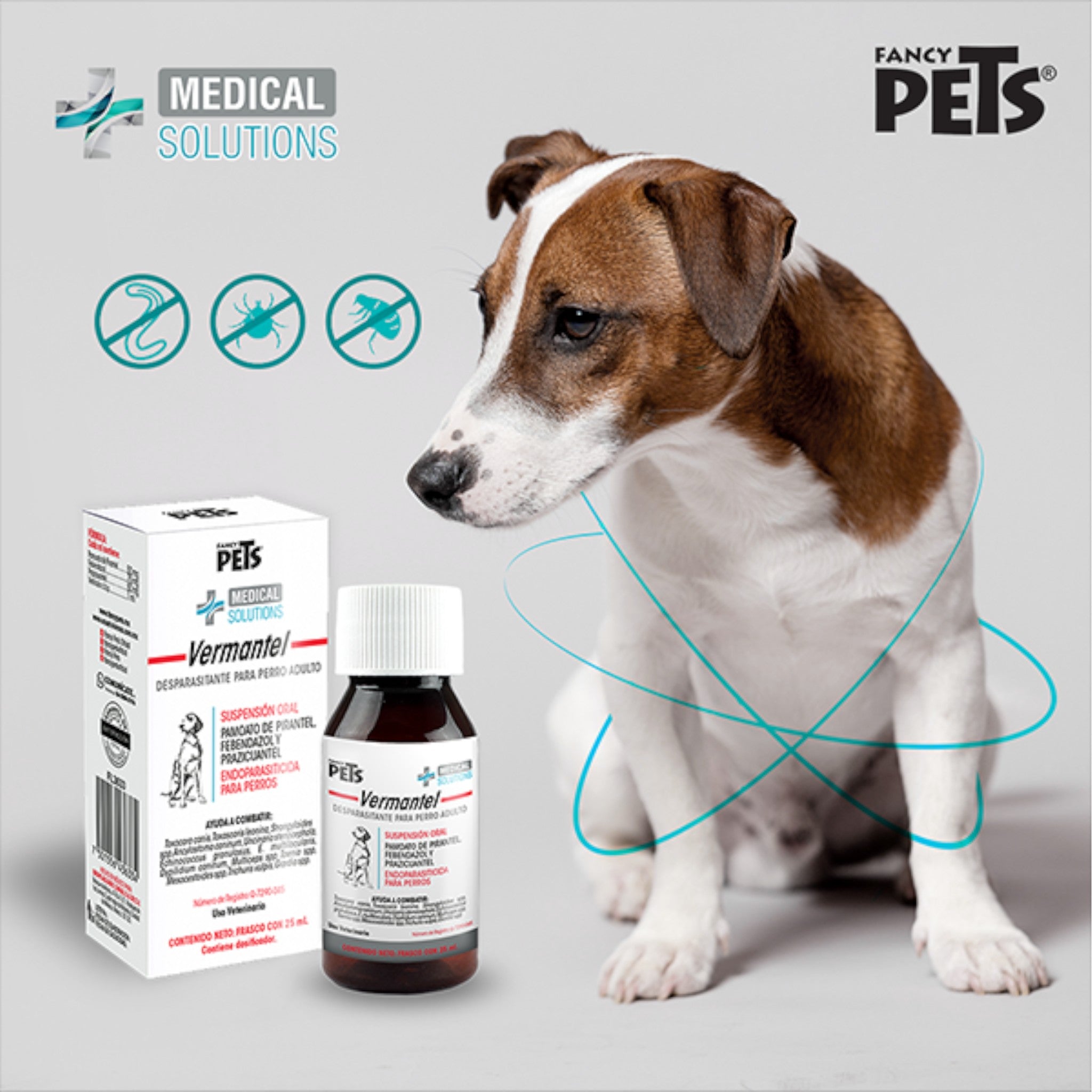 Frasco de Vermantel Desparasitante junto a imagen de perro adulto, antiparasitario oral para perros y cachorros