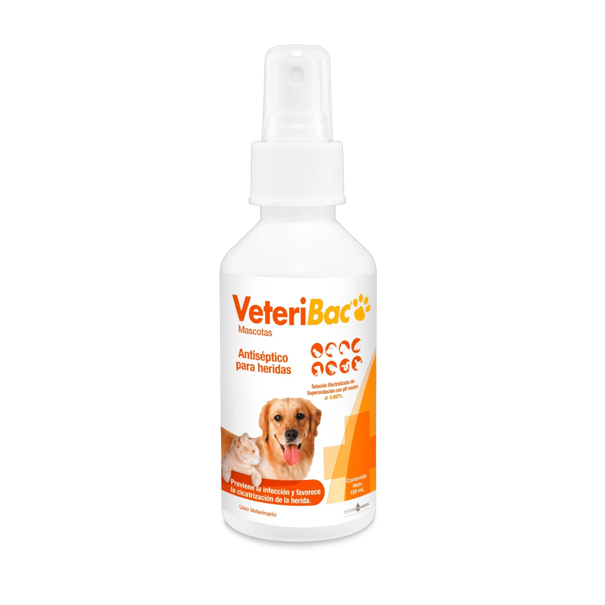 Envase en spray de Veteribac, solución antiséptica para heridas en mascotas.