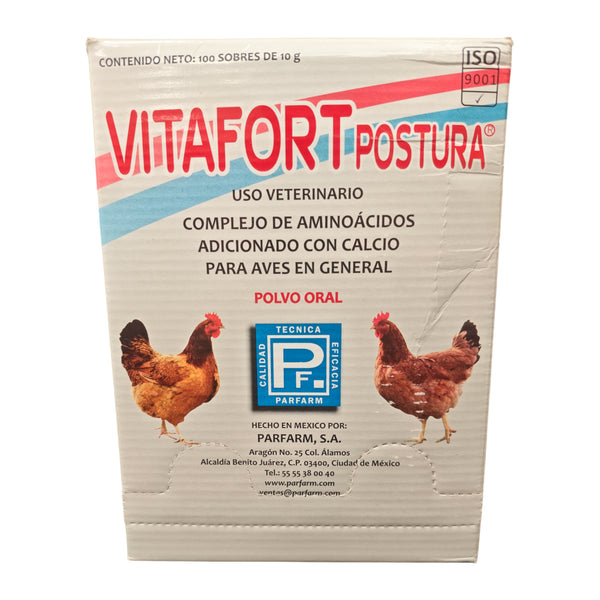 Caja con sobres de Vitafort Postura, suplemento para gallinas ponedoras.