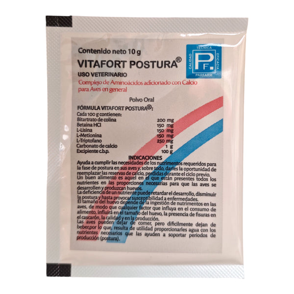 Sobre de Vitafort Postura, multivitamínico para gallinas ponedoras en etapa de producción.