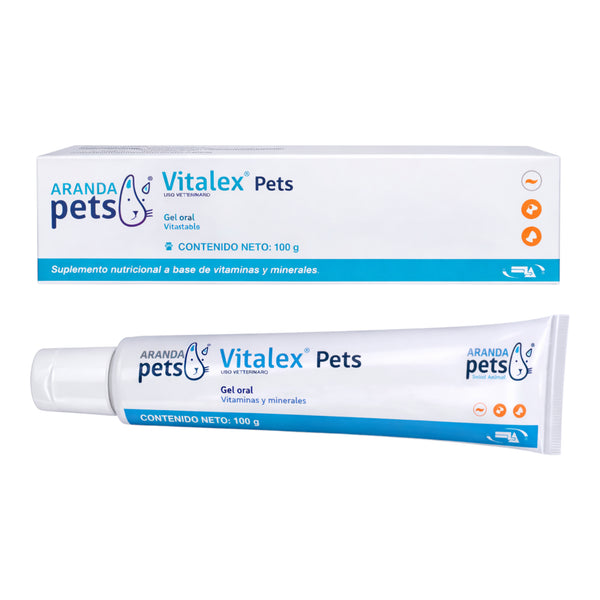 Presentación de Vitalex Pets en tubo de 100 gramos y caja, suplemento nutricional a base de vitaminas y minerales para perros y gatos.