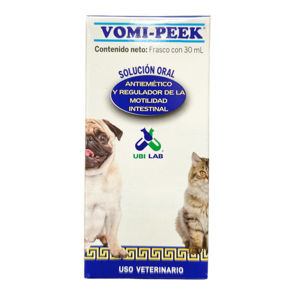 Frasco de Vomi-peek solución oral de 30 ml para el control de náuseas y vómito en perros y gatos.
