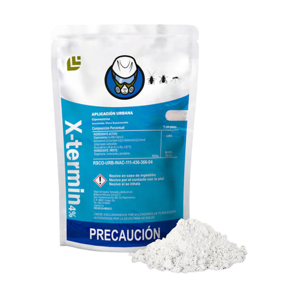 Envase de X-Termin 4% insecticida en polvo con cipermetrina, ideal para eliminar cucarachas, moscas, pulgas y chinches en hogares y negocios.